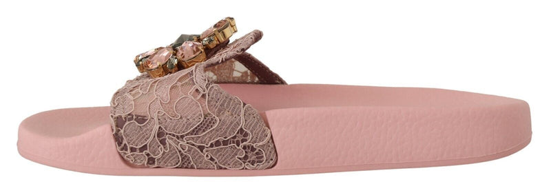 Floral Lace Crystal Embellished Slide Flats Dolce & Gabbana