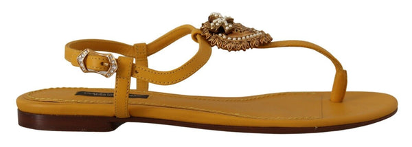 Mustard T-Strap Flat Sandals with Heart Embellishment Dolce & Gabbana