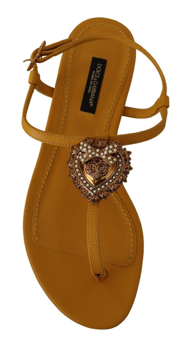 Mustard T-Strap Flat Sandals with Heart Embellishment Dolce & Gabbana