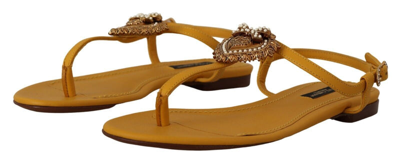 Mustard T-Strap Flat Sandals with Heart Embellishment Dolce & Gabbana
