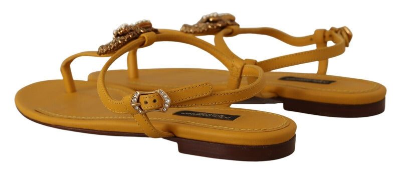 Mustard T-Strap Flat Sandals with Heart Embellishment Dolce & Gabbana