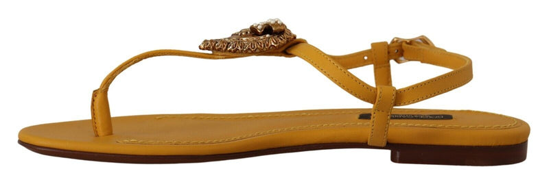 Mustard T-Strap Flat Sandals with Heart Embellishment Dolce & Gabbana