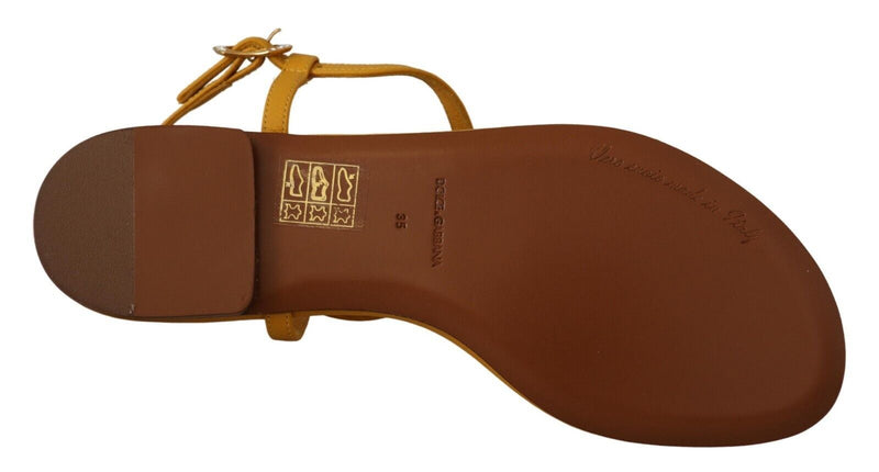 Mustard T-Strap Flat Sandals with Heart Embellishment Dolce & Gabbana