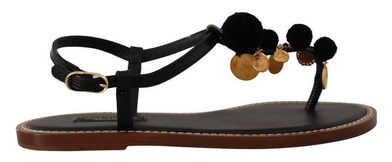 Chic Leather Ankle Strap Flats with Gold Detailing Dolce & Gabbana