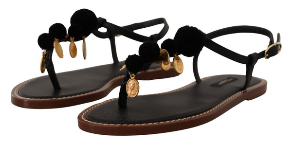 Chic Leather Ankle Strap Flats with Gold Detailing Dolce & Gabbana