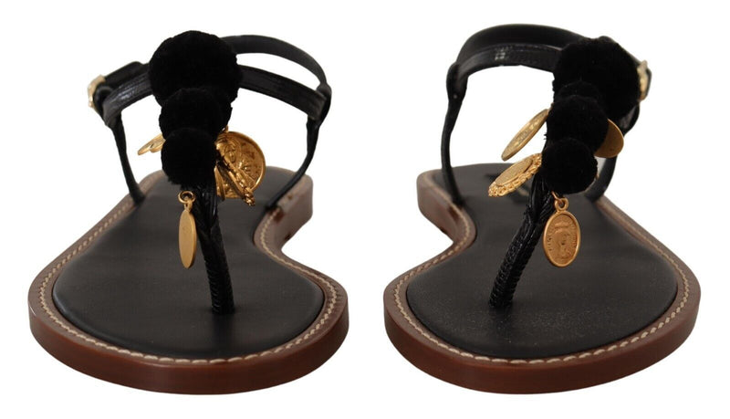 Chic Leather Ankle Strap Flats with Gold Detailing Dolce & Gabbana