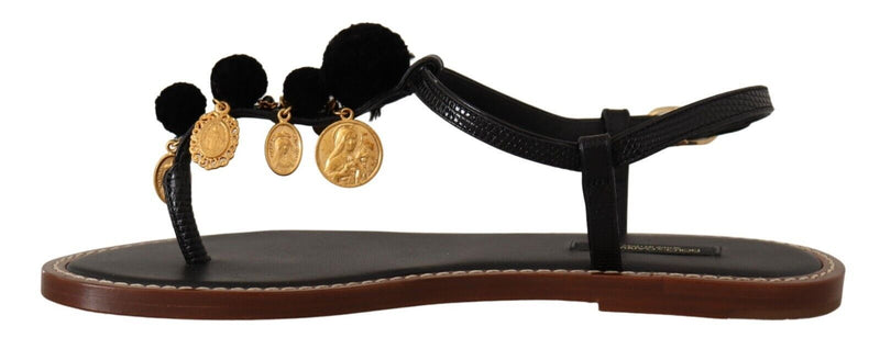 Chic Leather Ankle Strap Flats with Gold Detailing Dolce & Gabbana