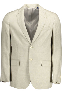 Beige Linen Classic Jacket with Logo Detailing Gant