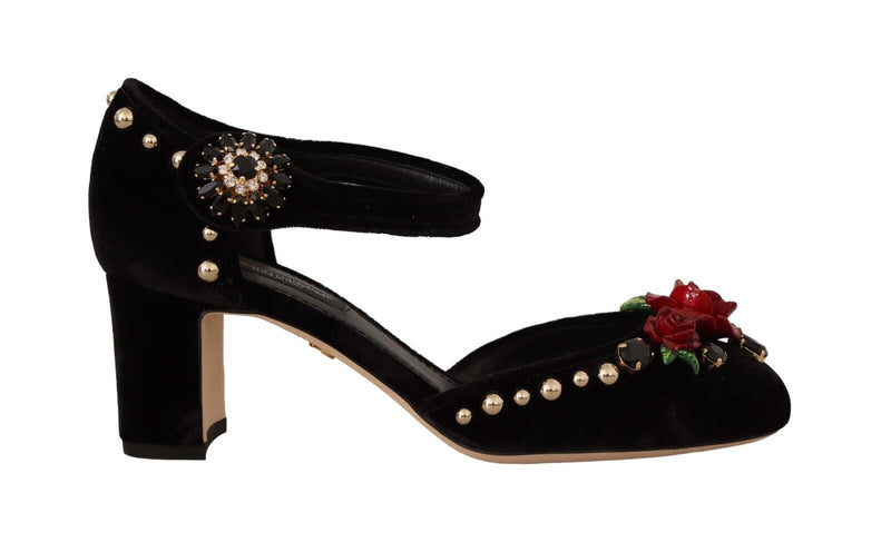 Black Crystal Rose Heel Sandals Dolce & Gabbana