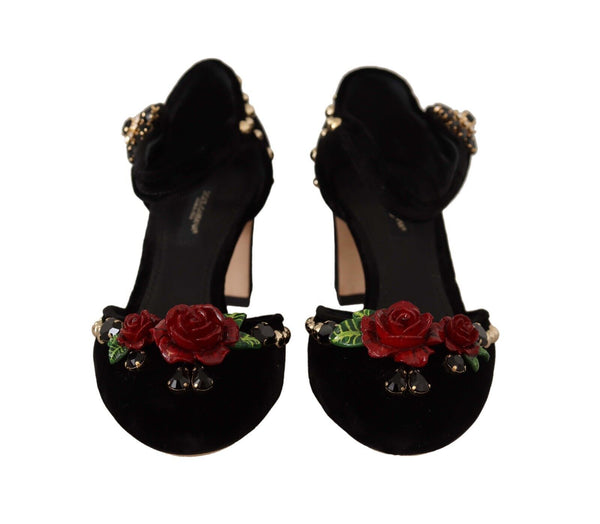 Black Crystal Rose Heel Sandals Dolce & Gabbana