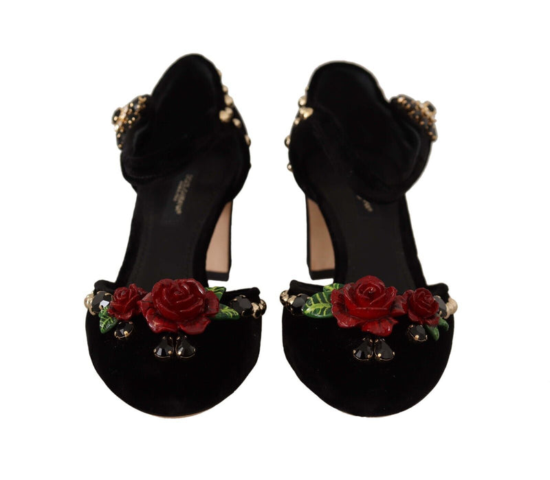 Black Crystal Rose Heel Sandals Dolce & Gabbana