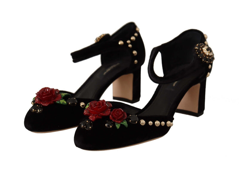 Black Crystal Rose Heel Sandals Dolce & Gabbana