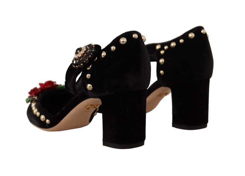 Black Crystal Rose Heel Sandals Dolce & Gabbana