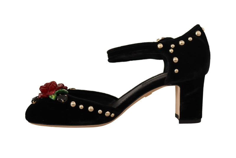 Black Crystal Rose Heel Sandals Dolce & Gabbana