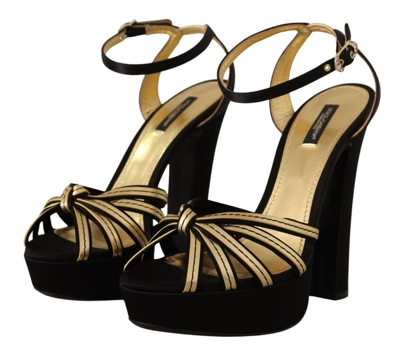 Elegant Black Gold Ankle Strap Heels Sandals Dolce & Gabbana