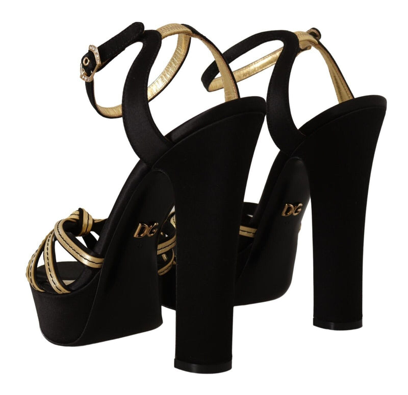 Elegant Black Gold Ankle Strap Heels Sandals Dolce & Gabbana