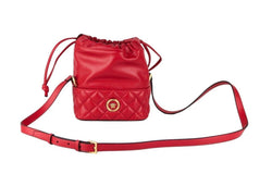 Red Quilted Leather Drawstring Shoulder Bag Bucket Crossbody Handbag Versace