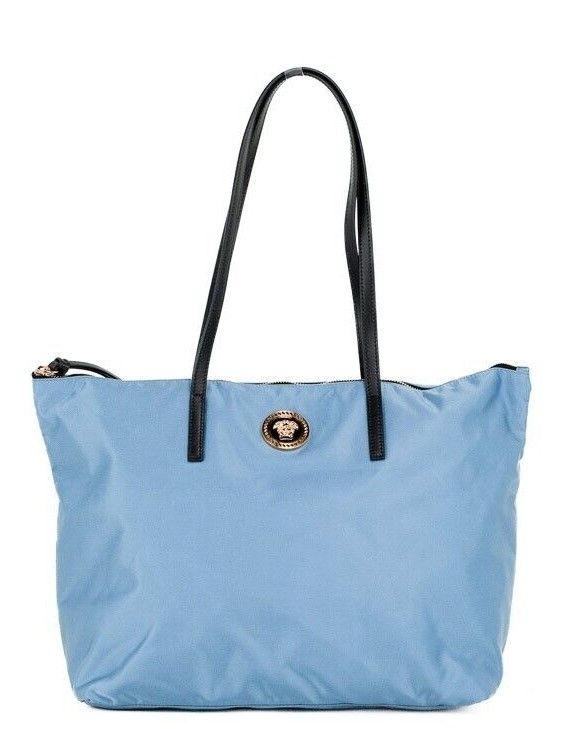 Portuna Medusa Medium Cornflower Blue Nylon Leather Tote Bag Purse Versace