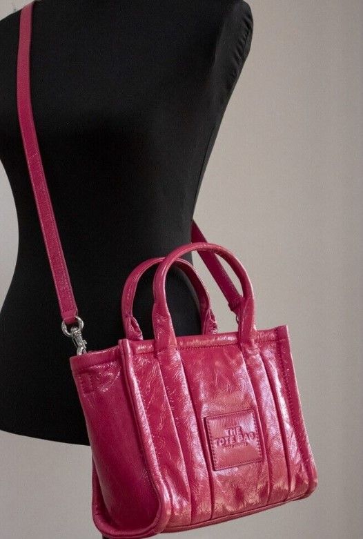 The Shiny Crinkle Mini Tote Magenta Leather Crossbody Handbag Purse Marc Jacobs