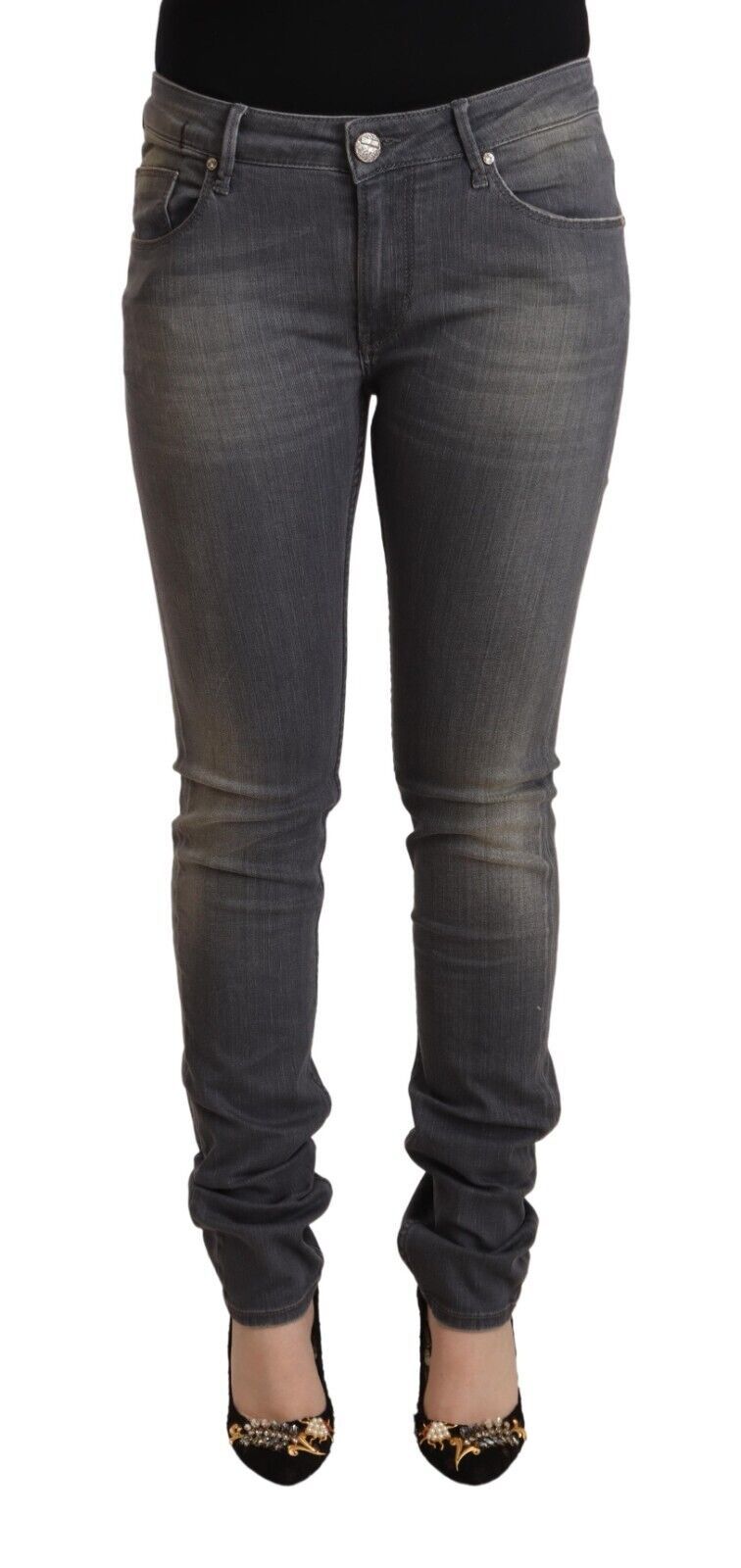 Elegant Dark Gray Skinny Jeans - Low Waist Zip Closure Acht