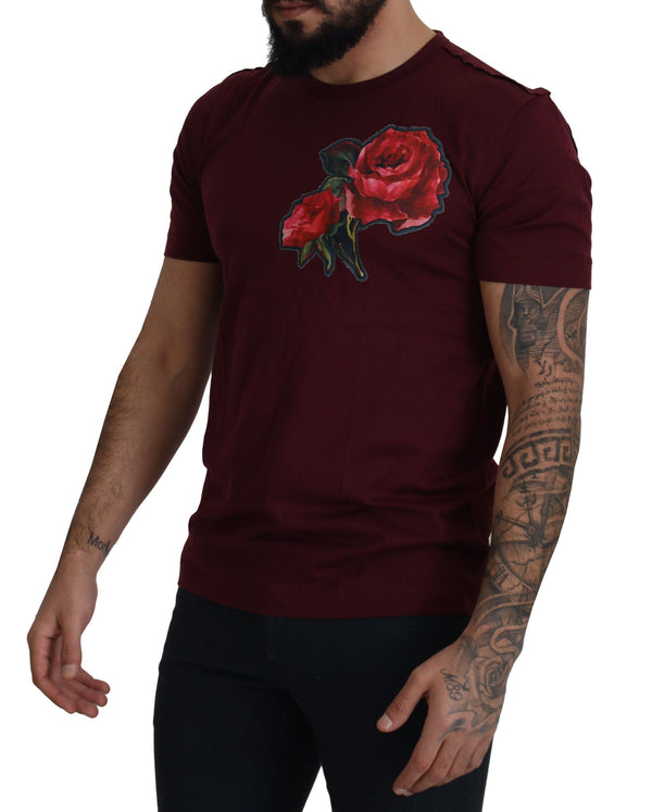 Elegant Bordeaux Roses Motif Crewneck Tee Dolce & Gabbana