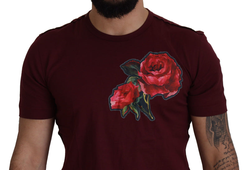 Elegant Bordeaux Roses Motif Crewneck Tee Dolce & Gabbana