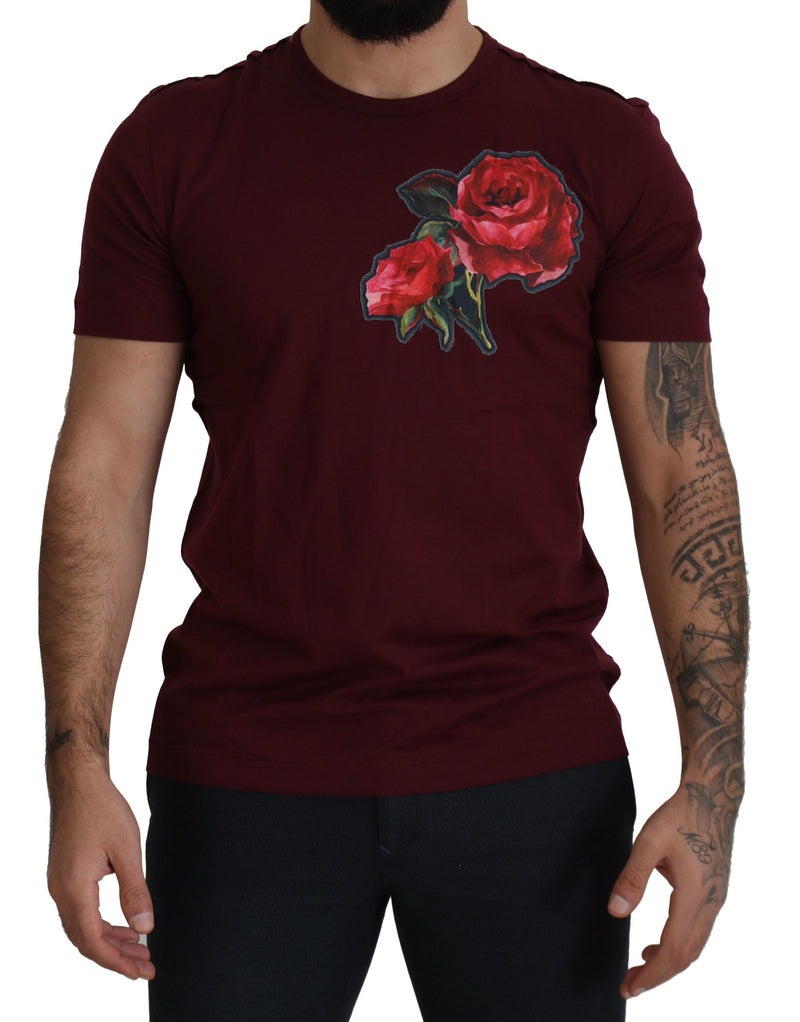 Elegant Bordeaux Roses Motif Crewneck Tee Dolce & Gabbana