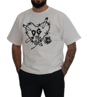 Elegant White Heart Roses Crewneck Tee Dolce & Gabbana