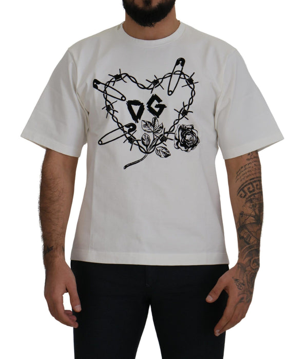 Elegant White Heart Roses Crewneck Tee Dolce & Gabbana