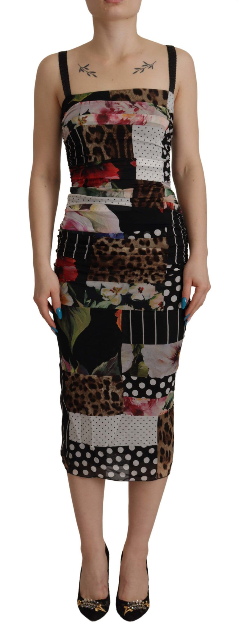 Elegant Patchwork Midi Silk Blend Dress Dolce & Gabbana