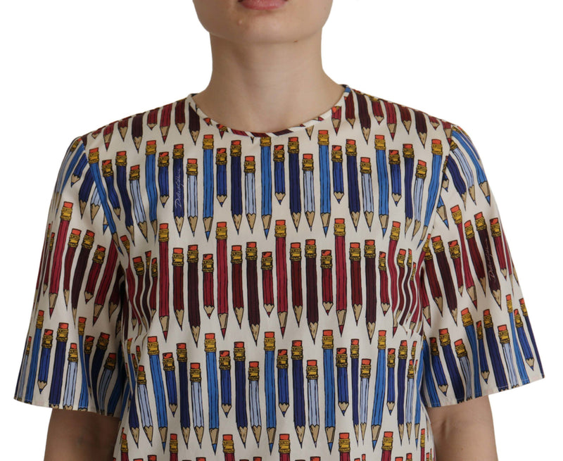 Chic White Pencil Print Short Sleeve Blouse Dolce & Gabbana