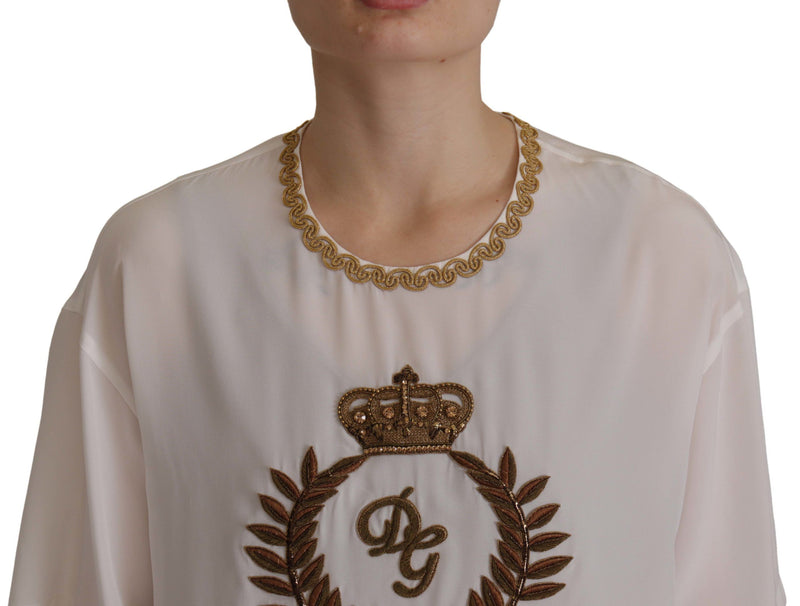 Elegant Silk Blouse with Gold Crown Embroidery Dolce & Gabbana