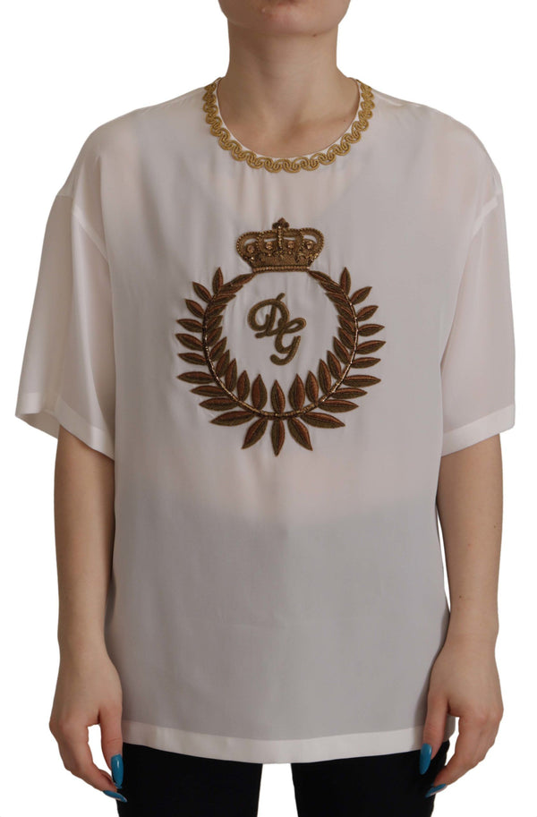 Elegant Silk Blouse with Gold Crown Embroidery Dolce & Gabbana