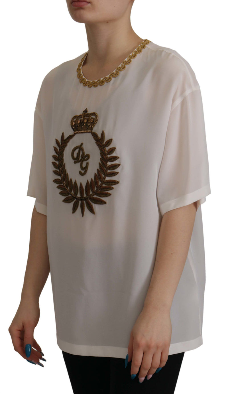 Elegant Silk Blouse with Gold Crown Embroidery Dolce & Gabbana