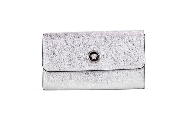 Small Metallic Silver Lamb Leather Medusa Clutch Crossbody Wallet Bag Versace