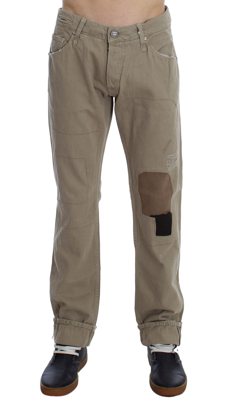Beige Straight Fit Cotton Jeans for Men Acht