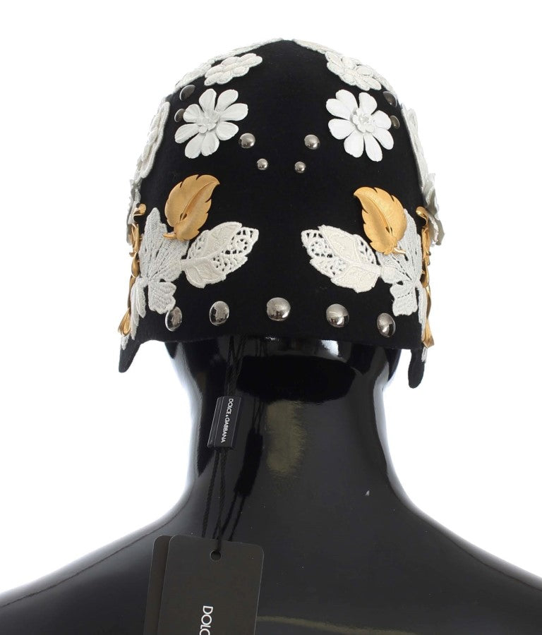 Elegant Black Floral Wool Cloche Hat Dolce & Gabbana