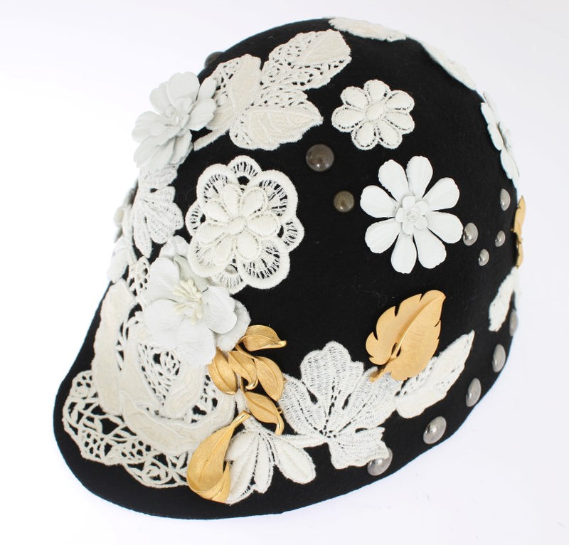 Elegant Black Floral Wool Cloche Hat Dolce & Gabbana