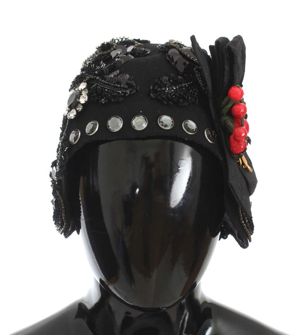 Elegant Black Crystal-Adorned Cloche Hat Dolce & Gabbana