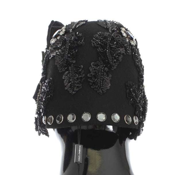 Elegant Black Crystal-Adorned Cloche Hat Dolce & Gabbana