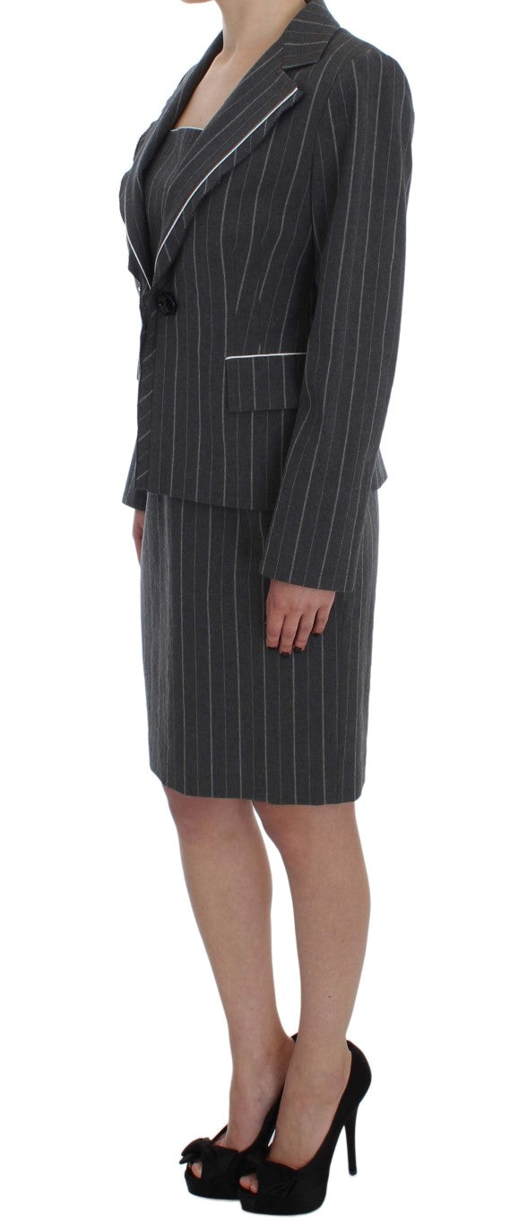 Elegant Gray Striped Dress & Blazer Suit Set BENCIVENGA