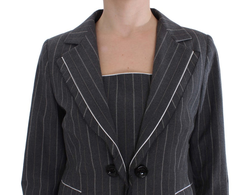 Elegant Gray Striped Dress & Blazer Suit Set BENCIVENGA