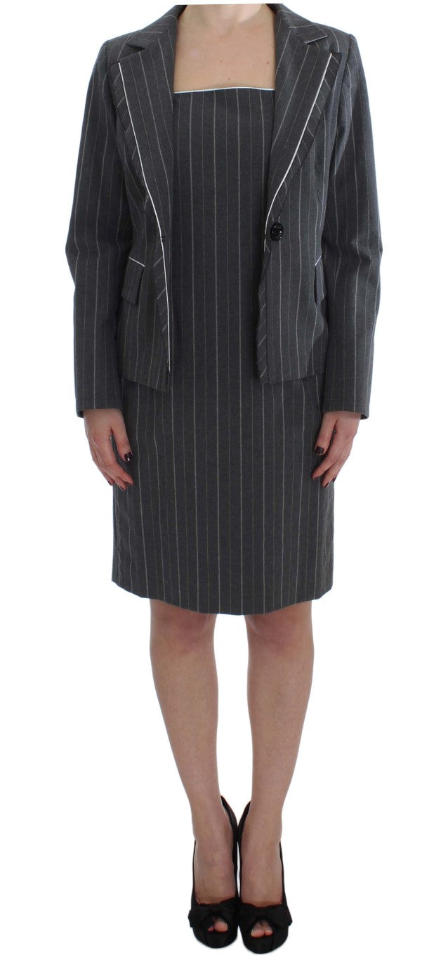 Elegant Gray Striped Dress & Blazer Suit Set BENCIVENGA