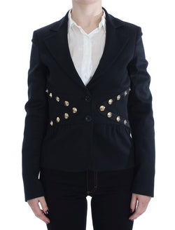 Chic Black Stretch Blazer with Gold Button Detail Exte