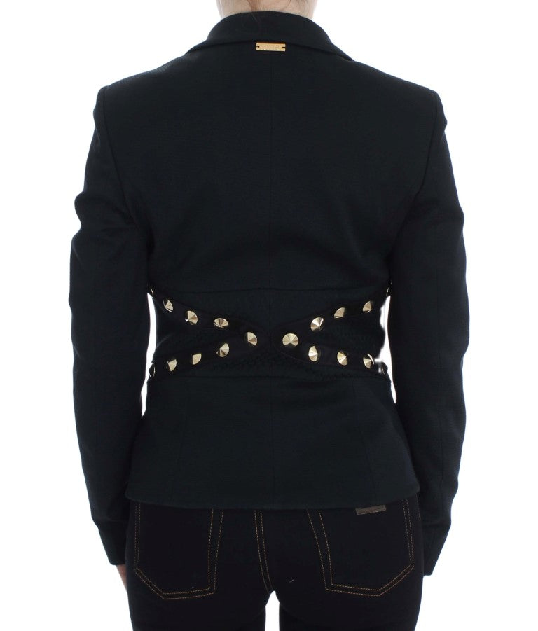 Chic Black Stretch Blazer with Gold Button Detail Exte