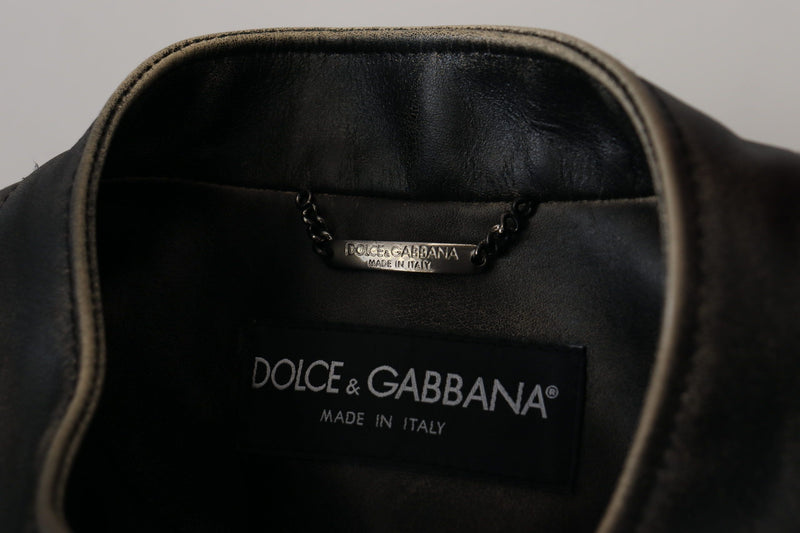 Elegant Black Leather Jacket with Silver Details Dolce & Gabbana