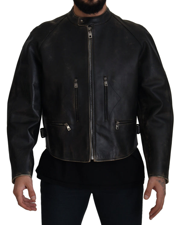 Elegant Black Leather Jacket with Silver Details Dolce & Gabbana