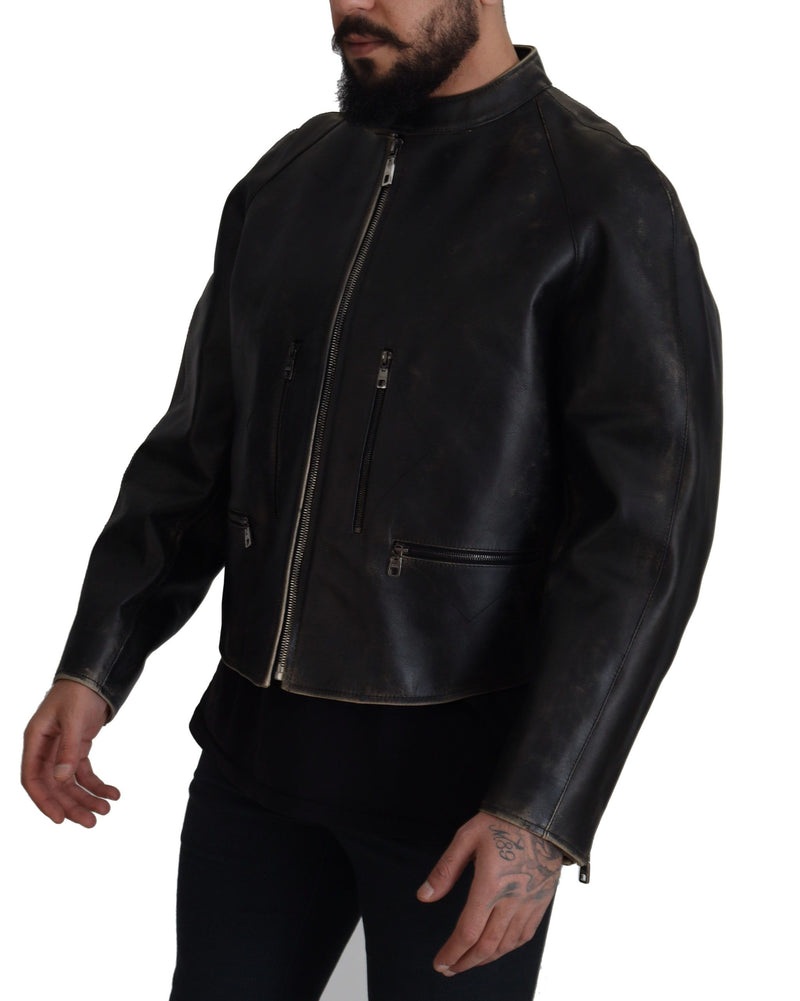 Elegant Black Leather Jacket with Silver Details Dolce & Gabbana