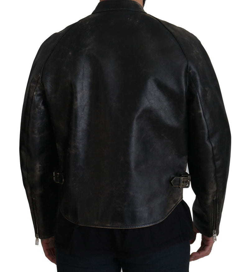 Elegant Black Leather Jacket with Silver Details Dolce & Gabbana