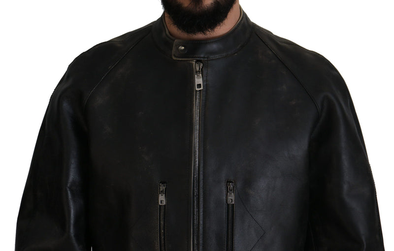 Elegant Black Leather Jacket with Silver Details Dolce & Gabbana